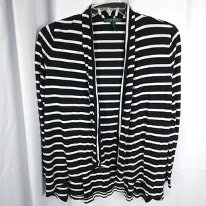 Lauren Ralph Lauren Womens Small Black White Striped Open Front Cardigan Sweater